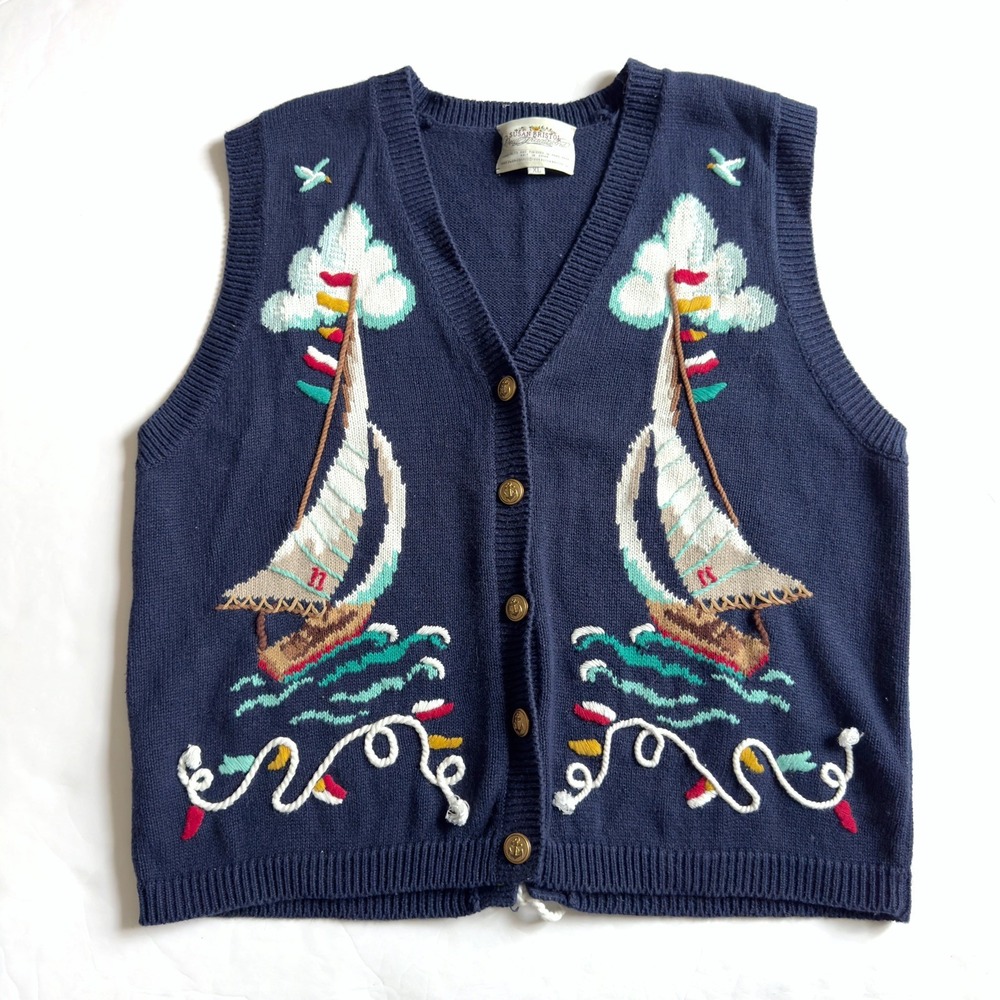 Vintage Susan Bristol Hand Embroidered Sweater Vest XL Blue Sailboats Nautical